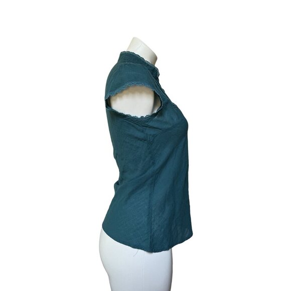 Vintage 90s Y2K Teal Cap Sleeve Slim Fit Feminine Blouse With Lace Accents - Picture 9 of 9